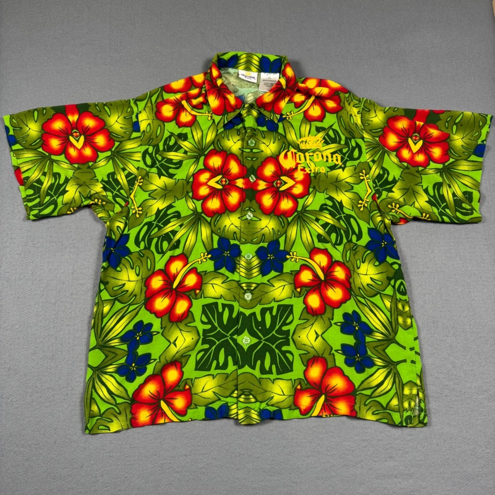 Corona Extra Mens XL Hawaiian Shirt Green Floral Rayon Tropical Beer Graphic